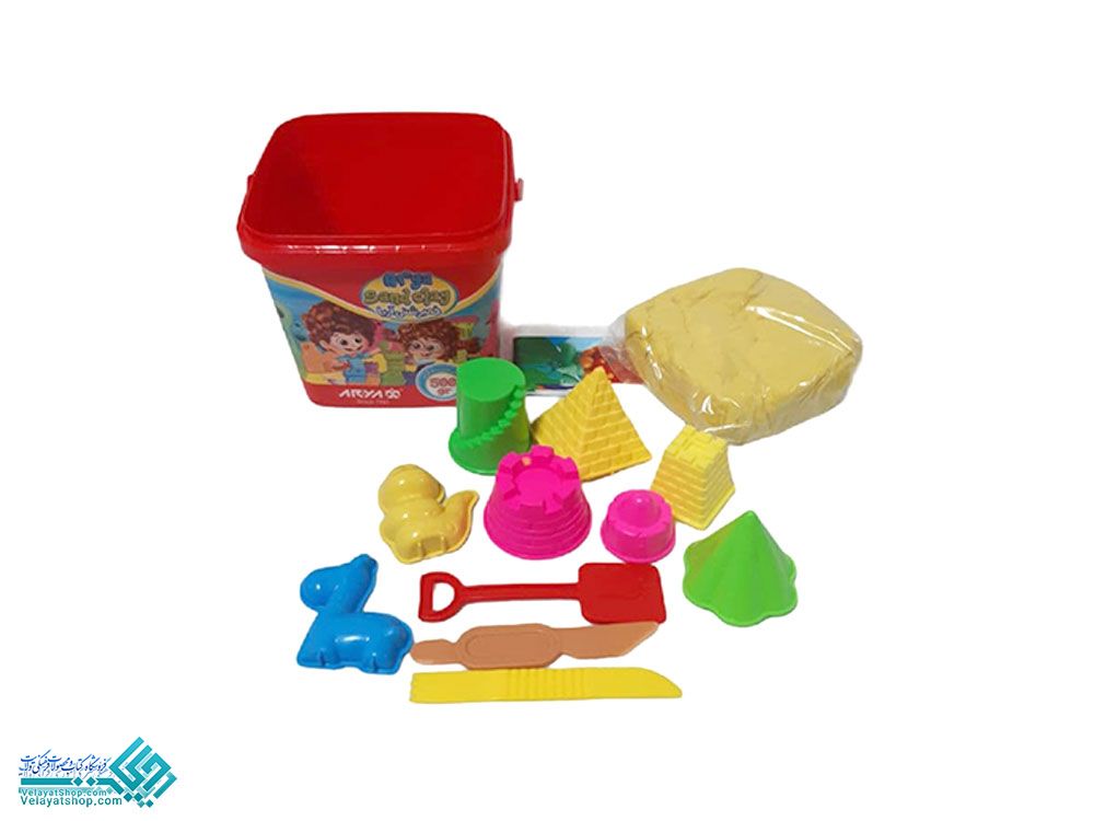 شن-بازی.1 سطل خمیر شنی آریا با قالب قلعه سازی و ابزار آلات